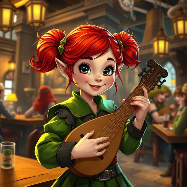 A halfling female bard character inspired by Dungeons and Dragons, featuring vibrant red hair styled in playful buns