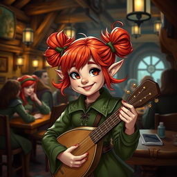 A halfling female bard character inspired by Dungeons and Dragons, featuring vibrant red hair styled in playful buns