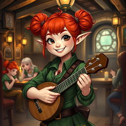 A halfling female bard character inspired by Dungeons and Dragons, featuring vibrant red hair styled in playful buns