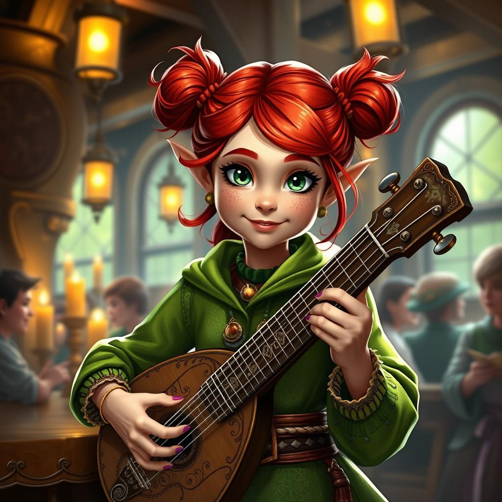 A halfling female bard dressed in vibrant green clothing, featuring intricate patterns, showcasing her lively spirit
