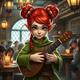 A halfling female bard dressed in vibrant green clothing, featuring intricate patterns, showcasing her lively spirit