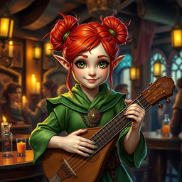 A halfling female bard dressed in vibrant green clothing, featuring intricate patterns, showcasing her lively spirit