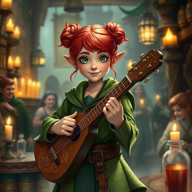 A halfling female bard dressed in vibrant green clothing, featuring intricate patterns, showcasing her lively spirit