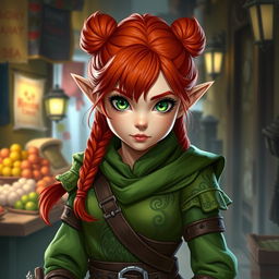 A female halfling rogue character from Dungeons and Dragons, featuring striking red hair styled into buns