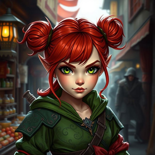 A female halfling rogue character from Dungeons and Dragons, featuring striking red hair styled into buns