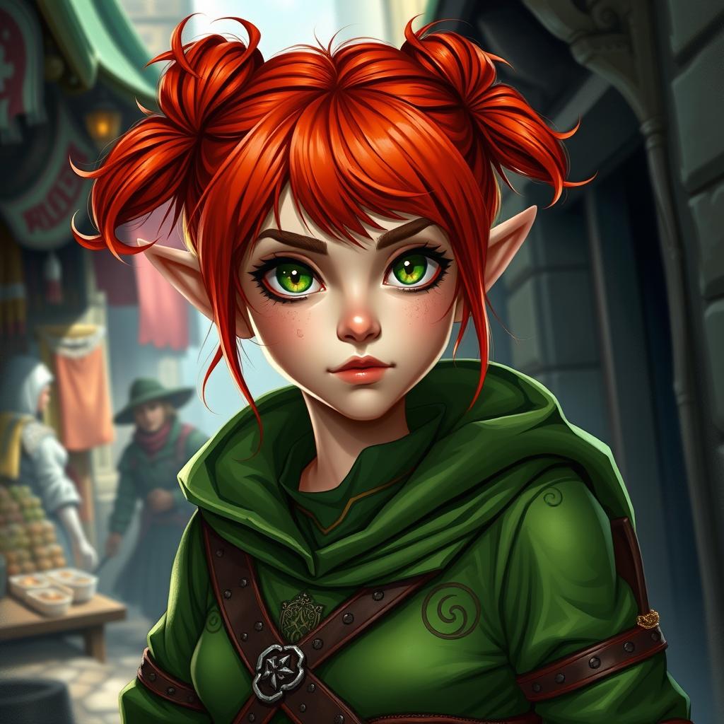 A female halfling rogue character from Dungeons and Dragons, featuring striking red hair styled into buns