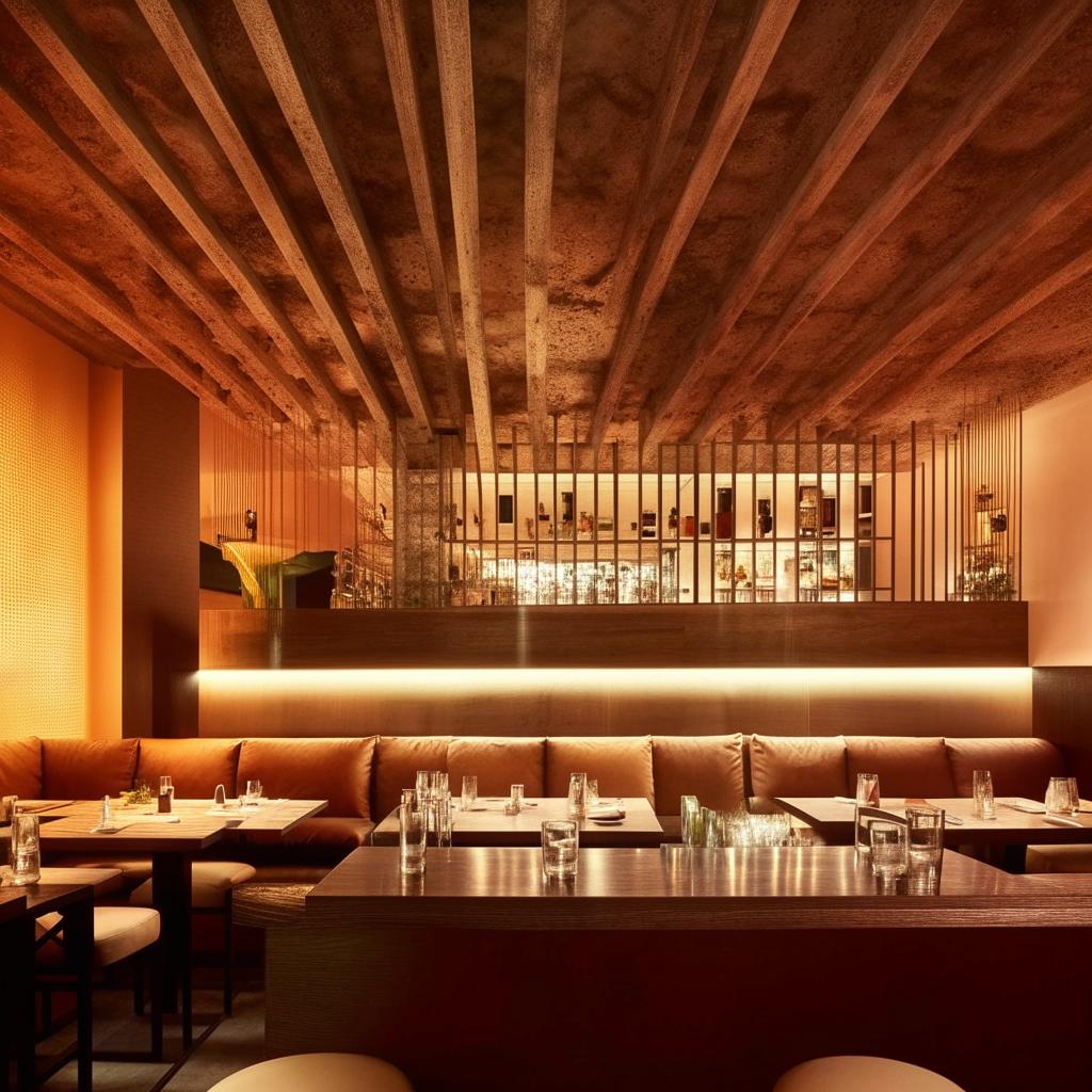 An aesthetically pleasing restaurant with a modern design. Features include a clean environment, subtle lighting, beautiful art pieces, plush seating, polished wood tables and a curated bar area.