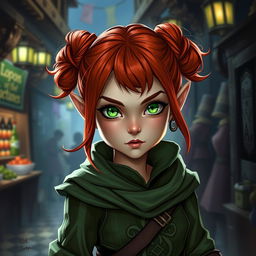 A female halfling rogue character from Dungeons and Dragons, featuring striking red hair styled into buns