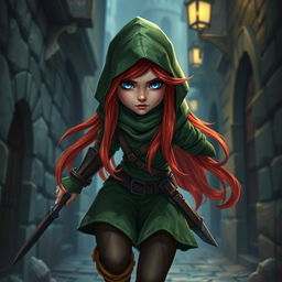 A halfling female rogue character from a fantasy setting, featuring long flowing red hair and bright blue eyes