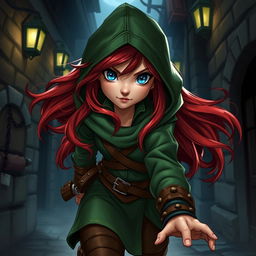 A halfling female rogue character from a fantasy setting, featuring long flowing red hair and bright blue eyes