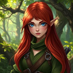 A halfling female rogue from a Dungeons and Dragons setting, featuring long, flowing red hair cascading down her shoulders