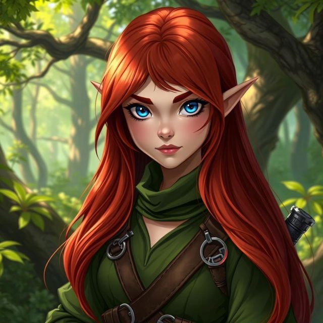 A halfling female rogue from a Dungeons and Dragons setting, featuring long, flowing red hair cascading down her shoulders