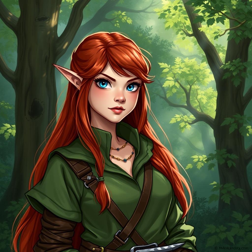 A halfling female rogue from a Dungeons and Dragons setting, featuring long, flowing red hair cascading down her shoulders