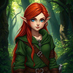 A halfling female rogue from a Dungeons and Dragons setting, featuring long, flowing red hair cascading down her shoulders