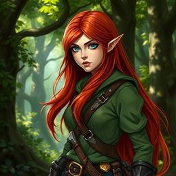 A halfling female rogue from a Dungeons and Dragons setting, featuring long, flowing red hair cascading down her shoulders