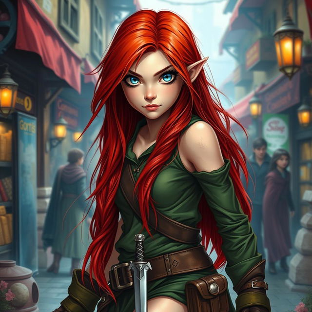 A halfling female rogue from a fantasy Dungeons and Dragons setting, featuring long, vibrant red hair cascading down her shoulders