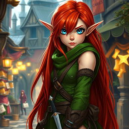 A halfling female rogue from a fantasy Dungeons and Dragons setting, featuring long, vibrant red hair cascading down her shoulders