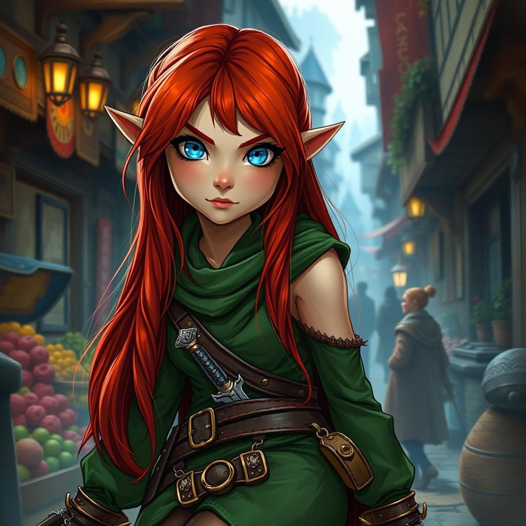 A halfling female rogue from a fantasy Dungeons and Dragons setting, featuring long, vibrant red hair cascading down her shoulders