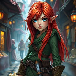 A halfling female rogue from a fantasy Dungeons and Dragons setting, featuring long, vibrant red hair cascading down her shoulders