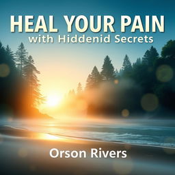 A flat book cover design featuring a realistic serene nature scene, either a tranquil forest or a calming beach at sunset
