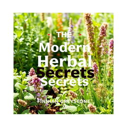 A flat cover design for a book titled 'The Modern Herbal Secrets' featuring a realistic herbal garden background with vibrant plants and herbs