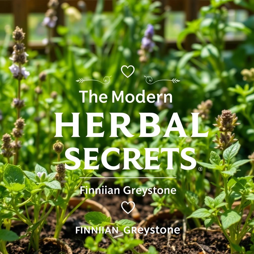 A flat cover design for a book titled 'The Modern Herbal Secrets' featuring a realistic herbal garden background with vibrant plants and herbs