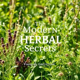 A flat cover design for a book titled 'The Modern Herbal Secrets' featuring a realistic herbal garden background with vibrant plants and herbs