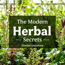 A flat cover design for a book titled 'The Modern Herbal Secrets' featuring a realistic herbal garden background with vibrant plants and herbs