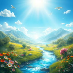 A serene depiction of heaven, filled with lush green landscapes, vibrant flowers, and a clear blue sky