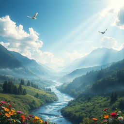A serene depiction of heaven, filled with lush green landscapes, vibrant flowers, and a clear blue sky