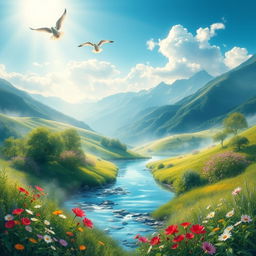 A serene depiction of heaven, filled with lush green landscapes, vibrant flowers, and a clear blue sky