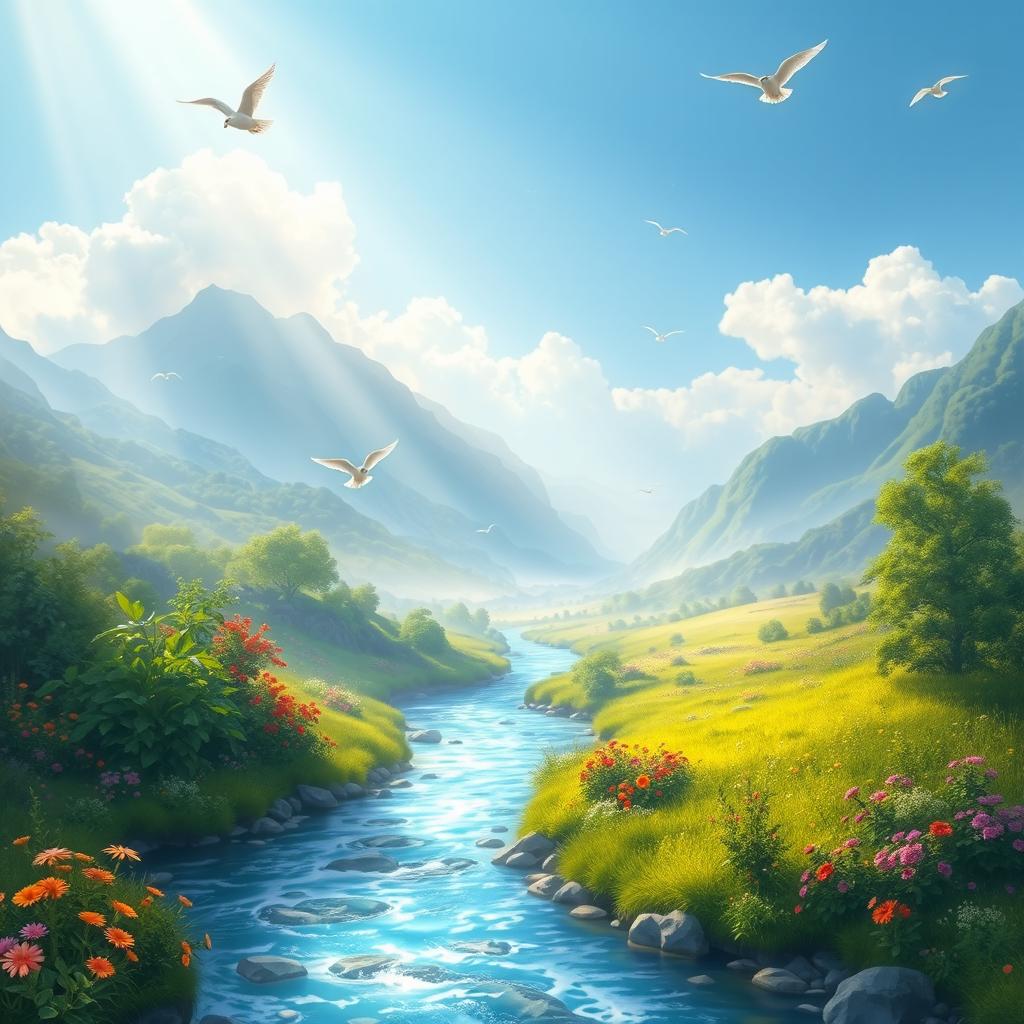 A serene depiction of heaven, filled with lush green landscapes, vibrant flowers, and a clear blue sky