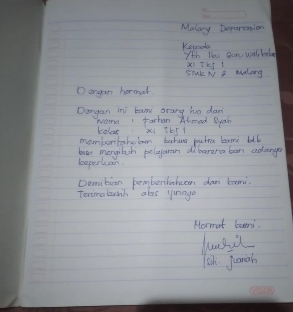 A handwritten letter dated 25 December 2024, addressing a teacher in a respectful manner