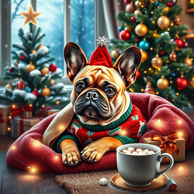 A cozy Christmas scene featuring a cute French Bulldog, nestled in a warm blanket surrounded by twinkling fairy lights