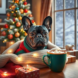 A cozy Christmas scene featuring a cute French Bulldog, nestled in a warm blanket surrounded by twinkling fairy lights