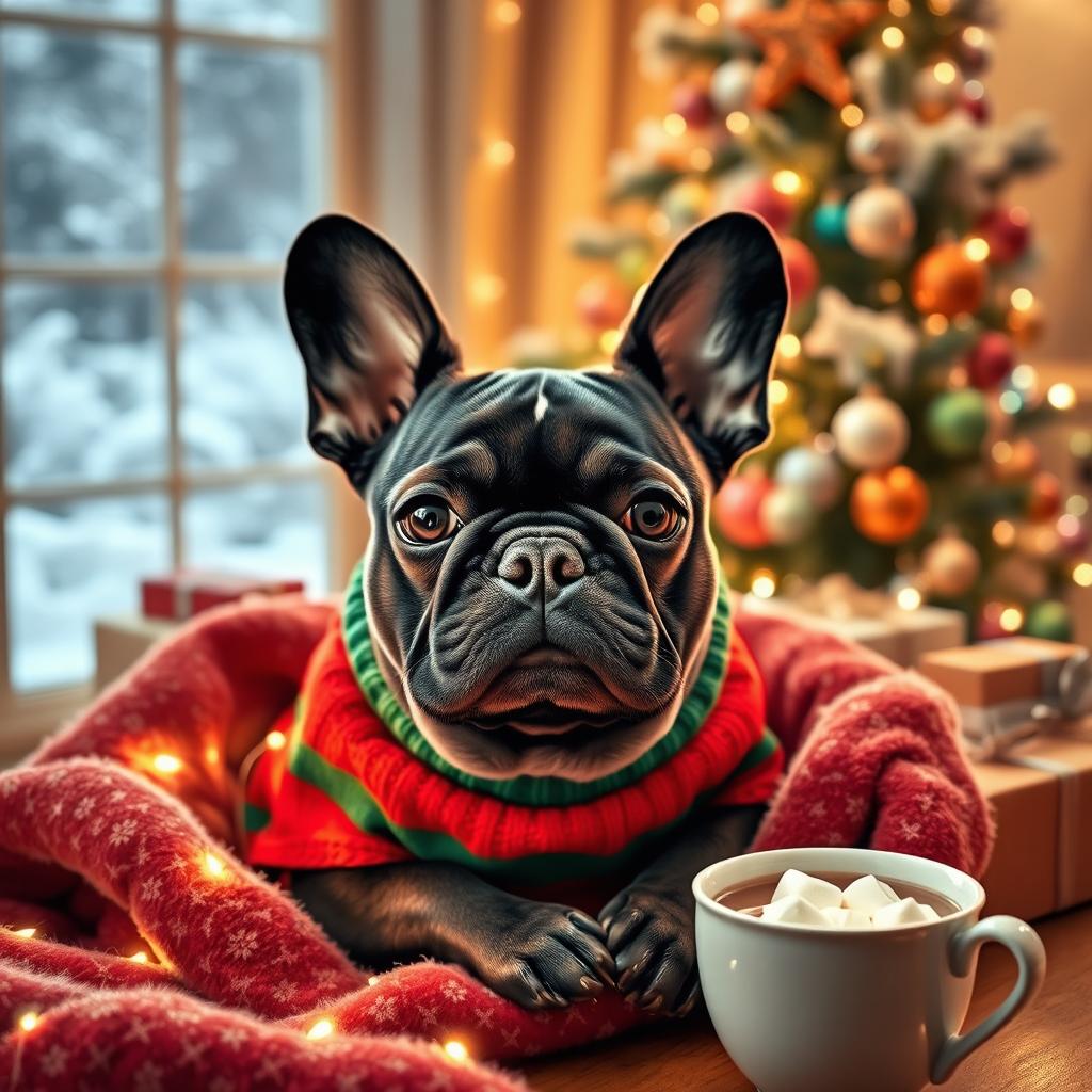A cozy Christmas scene featuring a cute French Bulldog, nestled in a warm blanket surrounded by twinkling fairy lights