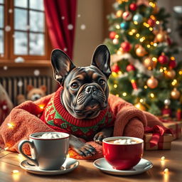 A cozy Christmas scene featuring a cute French Bulldog, nestled in a warm blanket surrounded by twinkling fairy lights