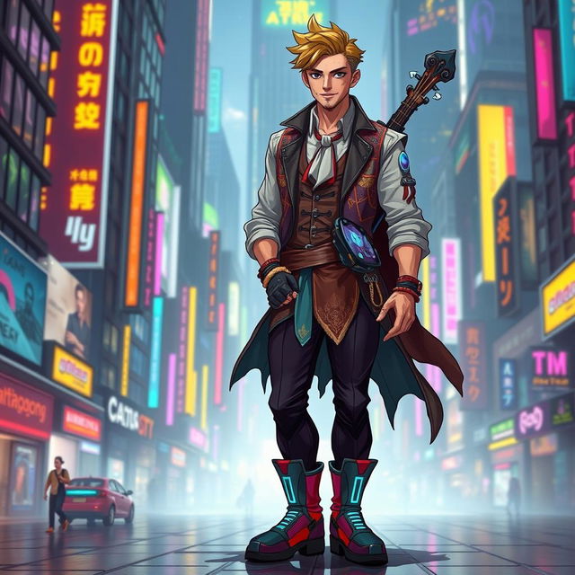 A character dressed in stylish bard clothing with a cyberpunk twist