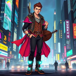 A character dressed in stylish bard clothing with a cyberpunk twist