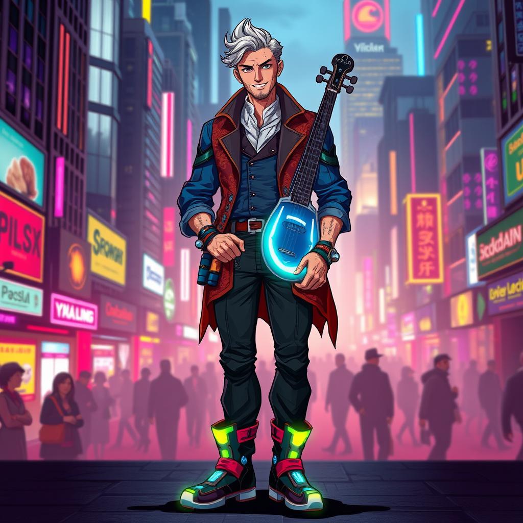 A character dressed in stylish bard clothing with a cyberpunk twist