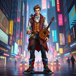 A character dressed in stylish bard clothing with a cyberpunk twist