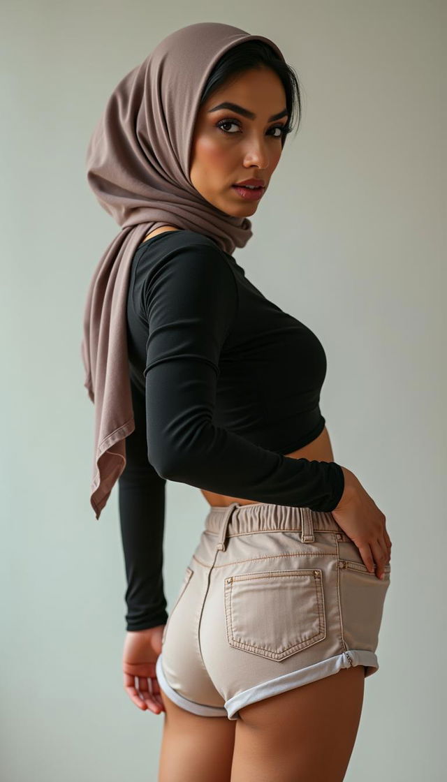 A 40-year-old Mexican mother wearing a hijab, captured from the back in a full body photo