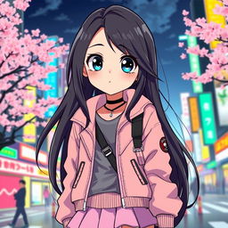 A highly stylized anime character inspired by Emily Willis, featuring long flowing dark hair, big expressive eyes, and a vibrant personality