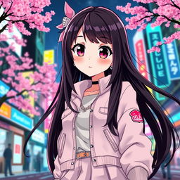A highly stylized anime character inspired by Emily Willis, featuring long flowing dark hair, big expressive eyes, and a vibrant personality