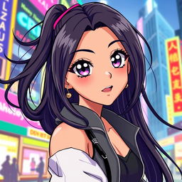 Aaliyah Hadid depicted as a vibrant anime character, with large expressive eyes and an energetic pose