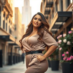 A beautiful curvy woman posing confidently in an elegant outfit, highlighting her curves and natural allure