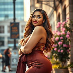 A beautiful curvy woman posing confidently in an elegant outfit, highlighting her curves and natural allure