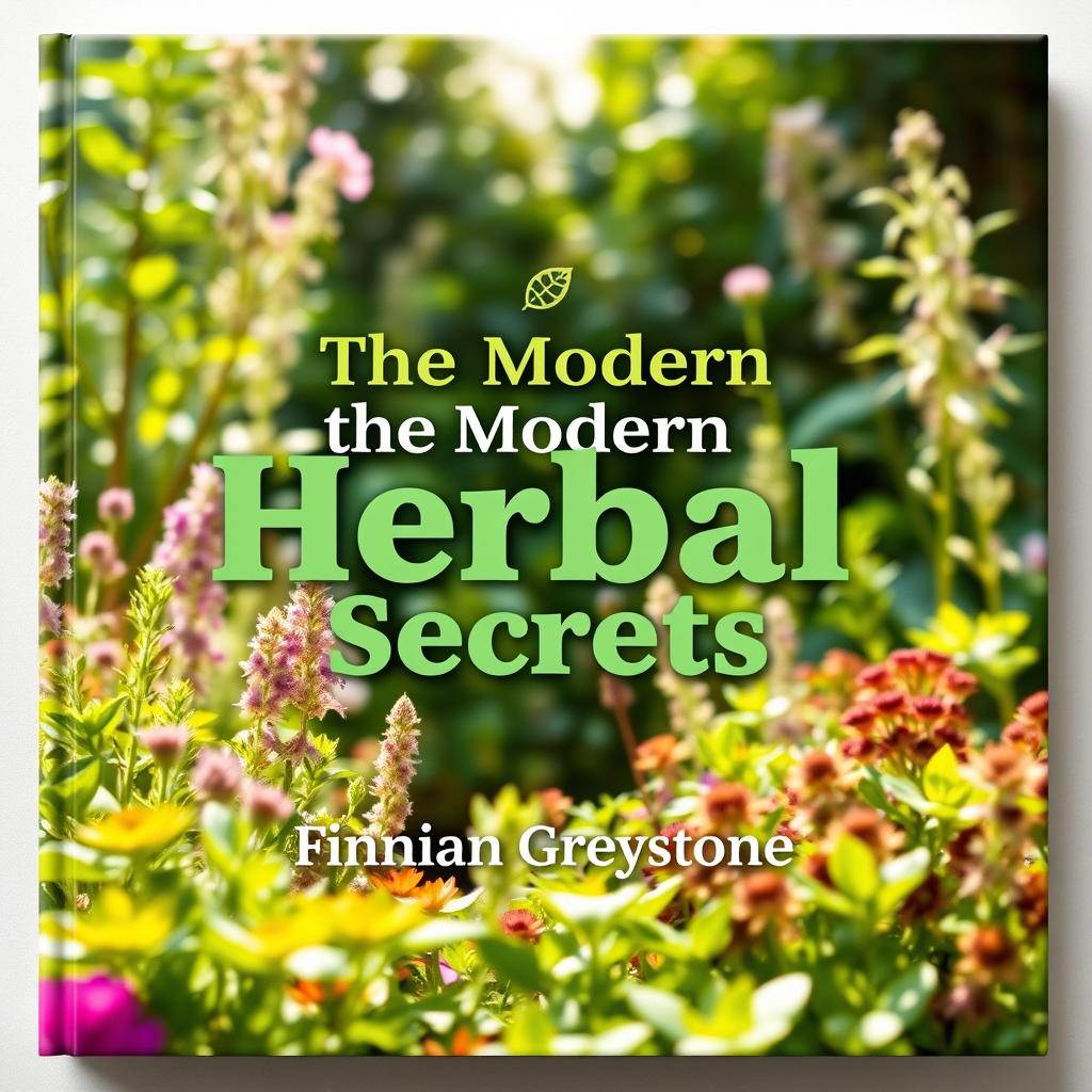 A flat book cover design featuring a realistic herbal garden background filled with vibrant plants and herbs, illuminated by natural light