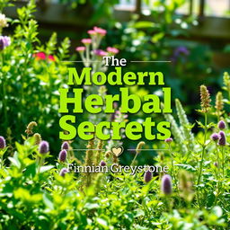 A flat book cover design featuring a realistic herbal garden background filled with vibrant plants and herbs, illuminated by natural light