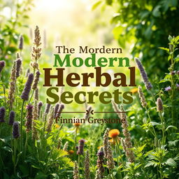 A flat book cover design featuring a realistic herbal garden background filled with vibrant plants and herbs, illuminated by natural light